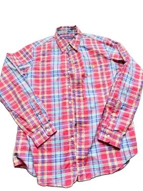Ralph Lauren Red Plaid Button-Down costal summer preppy colors yellow ponies L